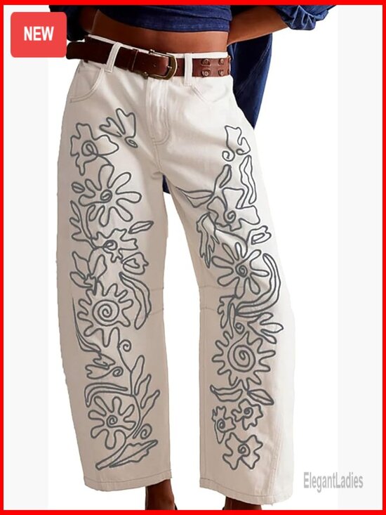 Denim - Embroidered Mid Rise Boyfriend Jeans Wide Leg Barrel Fit Vintage Style